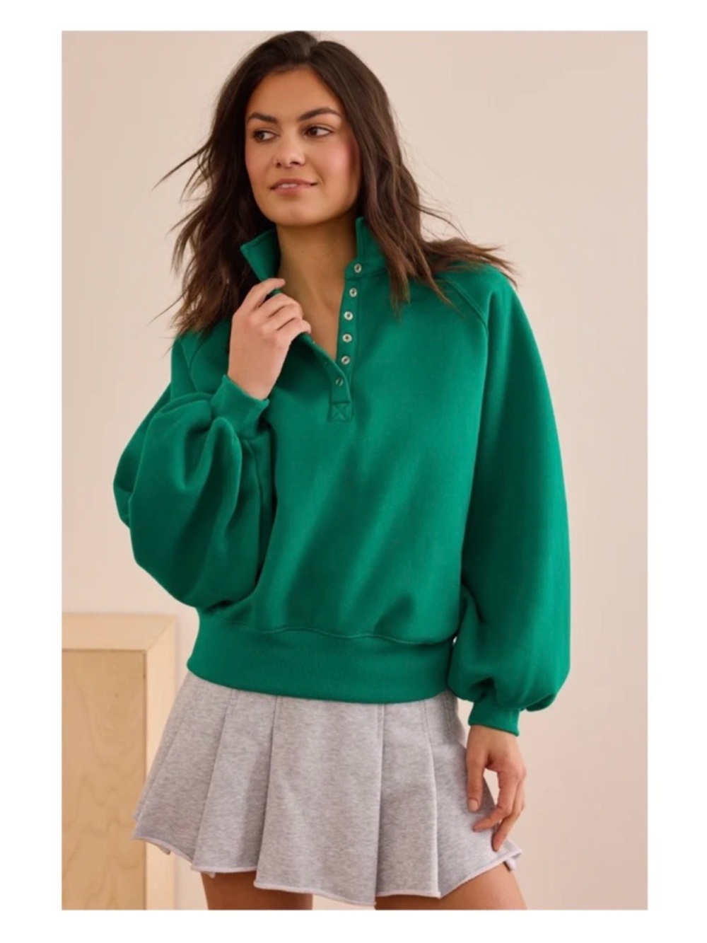 Altar'd State Emerald Green Balloon-Sleeve Snap Pullover